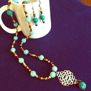 Turquoise/gold aroma therapy necklace/earring set